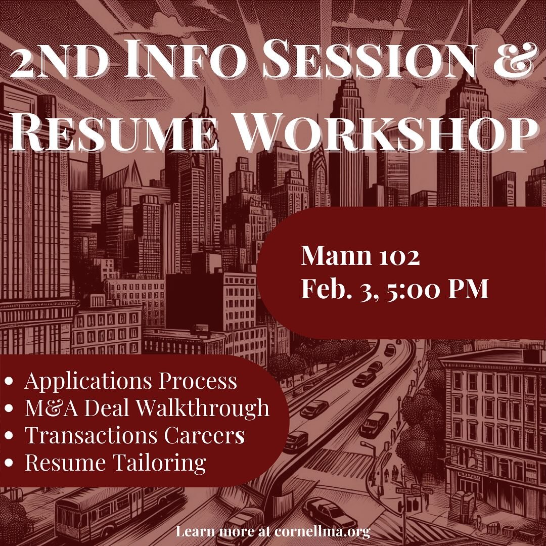 🚨Attention all aspiring M&amp;A professionals!🚨
We are back with a SECOND Info Session and Resume Workshop!📝✨ Whether you&rsquo;re new to M&amp;A or looking to refine your resume, this is your chance to get insights and tips from the experts.
🗓️D