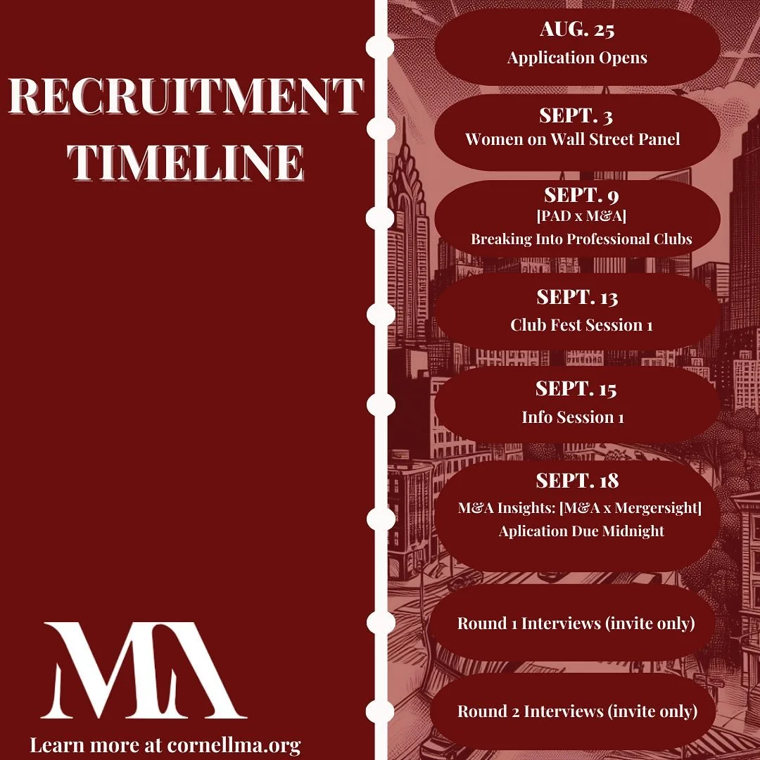 🚨 Fall Recruitment is here! 🚨
We&rsquo;re excited to announce our Fall 2025 Recruitment Timeline. Don&rsquo;t miss your chance to get involved with M&amp;A! Applications open August 25th and close September 18th.

Check out the timeline above for k