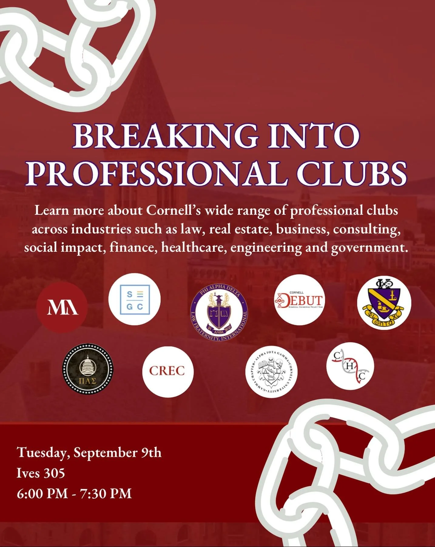 Curious about Cornell&rsquo;s professional clubs? 👔📈 Join us for the Breaking into Professional Clubs panel on Tuesday, September 9th! Come learn about the wide range of opportunities on campus and hear directly from the M&amp;A Club. We can&rsquo;