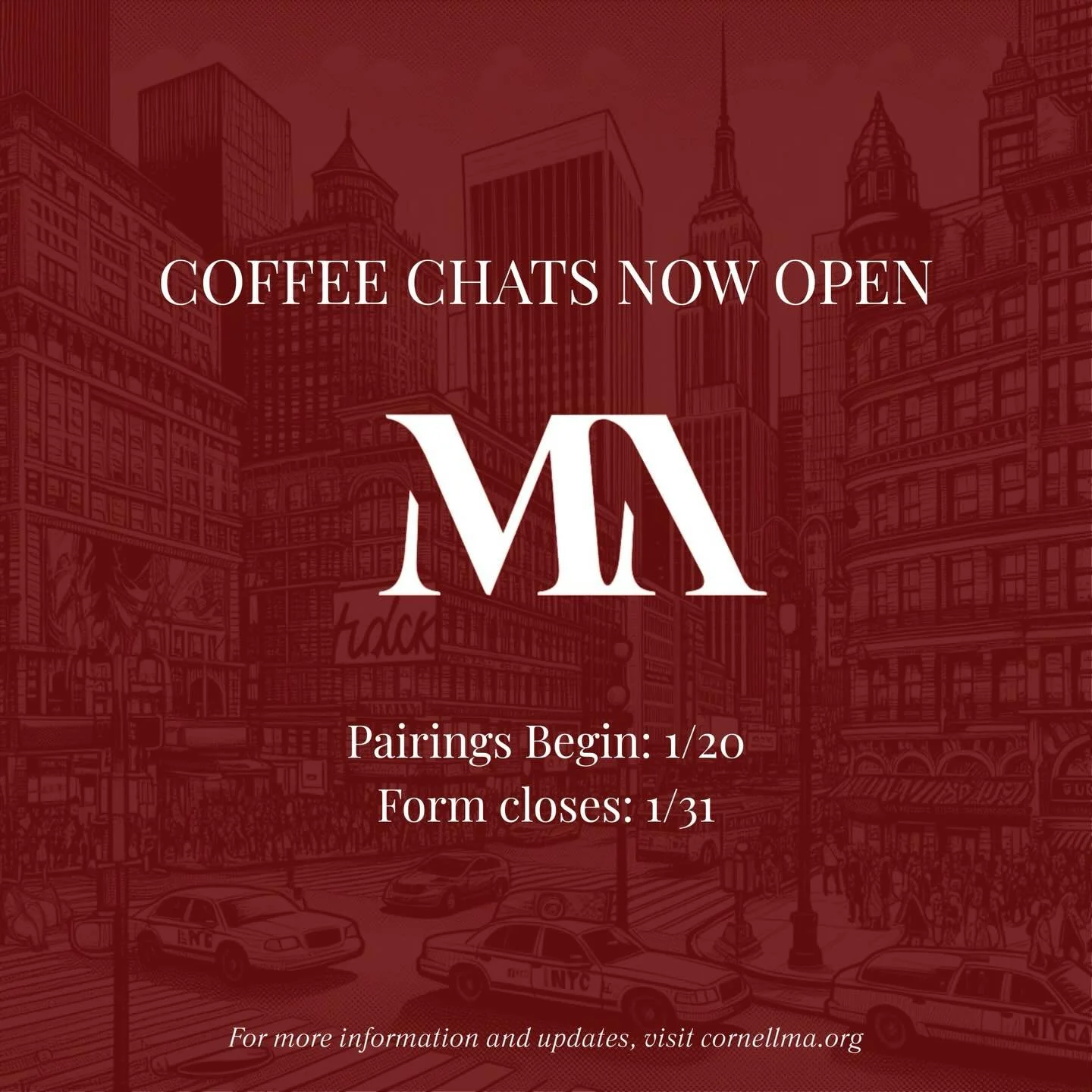 Spring recruitment is officially underway, and our coffee chat sign-ups are live! Head to the link in our bio to schedule a time. We can&rsquo;t wait to meet you and share more about the Cornell M&amp;A Club!