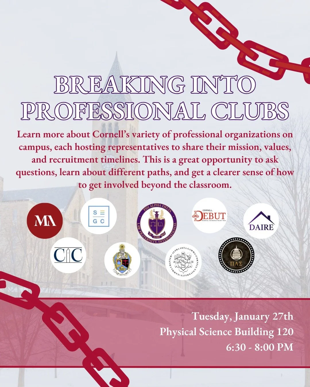 SP26 Breaking Into Professional Clubs

Not sure where to start? This is your opportunity to hear directly from various organizations about their missions, opportunities, and recruitment processes. Come learn what&rsquo;s available and find the commun