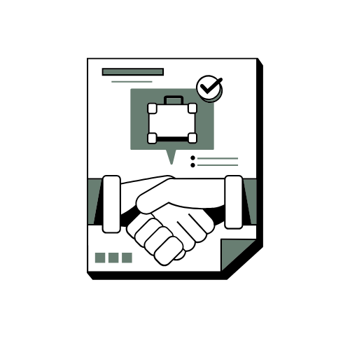 A digital illustration showing a handshake on a tablet screen, with a sidebar containing an icon of a suitcase and a checkmark, representing a successful business agreement or partnership.