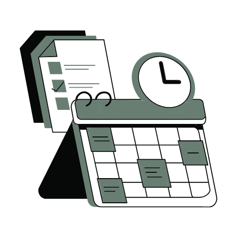 Calendar with sticky notes, a clock, and a to-do list with checkboxes.