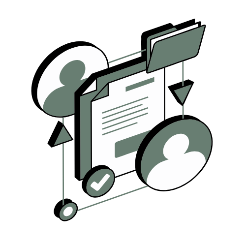 Digital illustration of a person profile, documents, folders, check mark, and icons representing online profile and data management.
