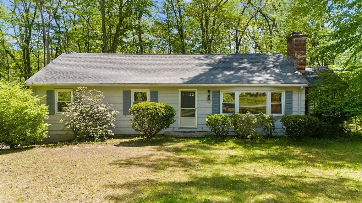 Front view of a small, single-story house with gray siding, blue shutters, and a chimney, surrounded by green trees and bushes, under a partly sunny sky.