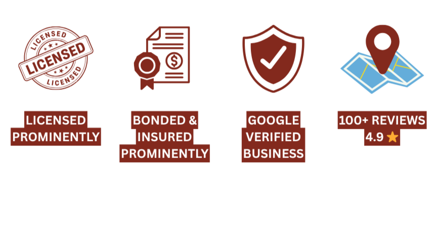 Icons with text highlighting a licensed business, bonded and insured, verified by Google, and having over 100 reviews with a 4.9-star rating.
