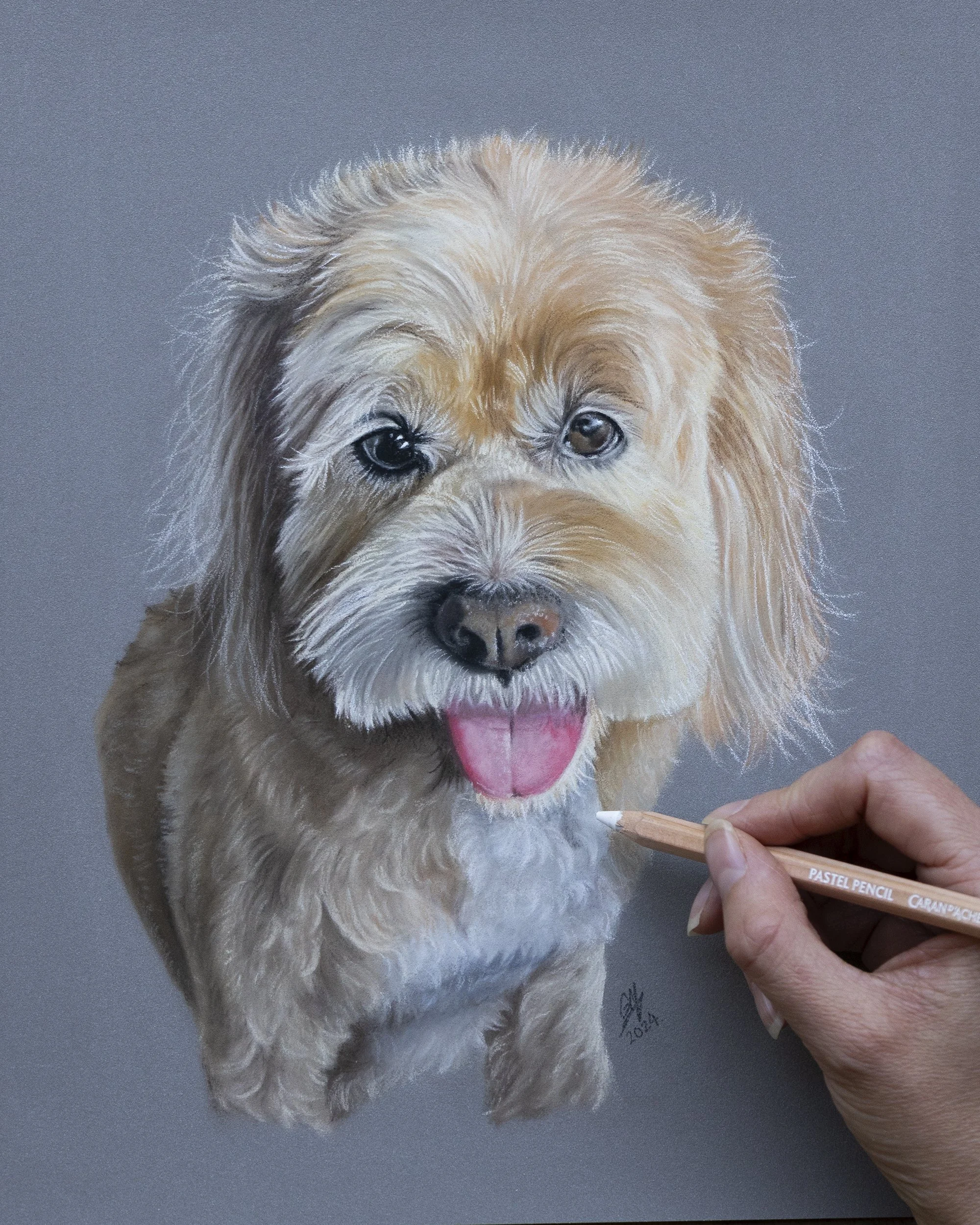 Hand holding a pastel pencil drawing a portrait of a light brown and white dog with shiny fur and a happy expression, sticking its tongue out.