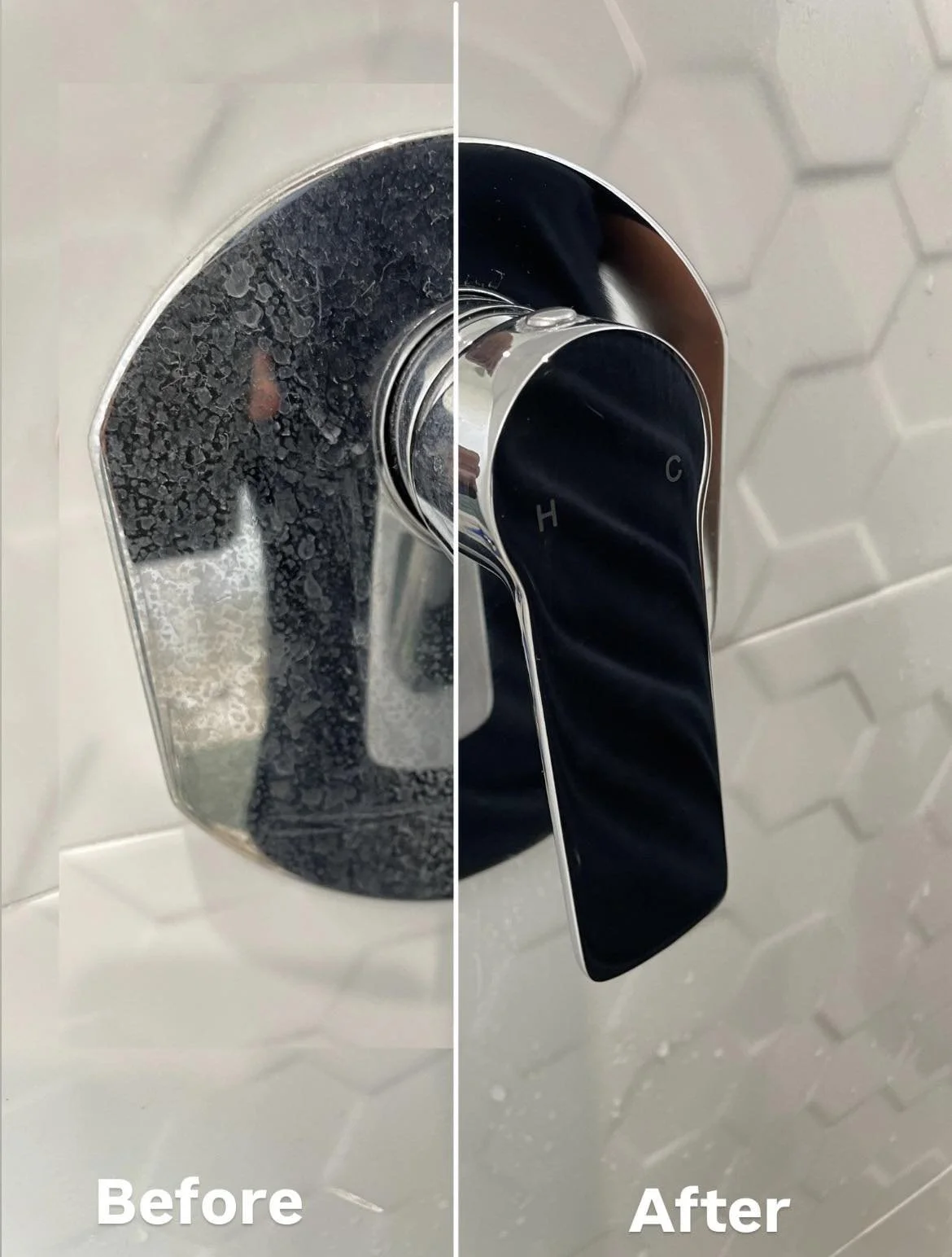 Shower handle before and after cleaning divided by a vertical line; left side is tarnished and right side is shiny.