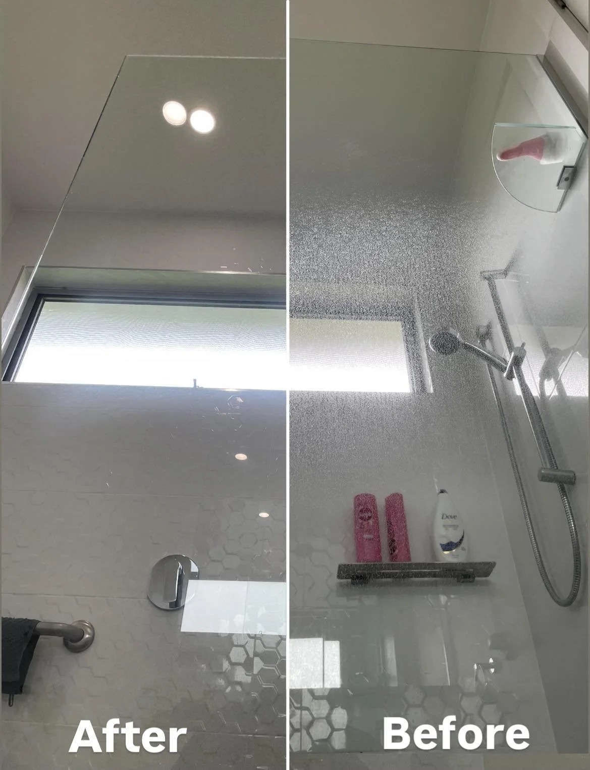 Comparison of a shower glass panel before and after cleaning; the left side shows a clear glass and the right side shows a foggy, stained glass with bottles of shampoo and body wash visible.