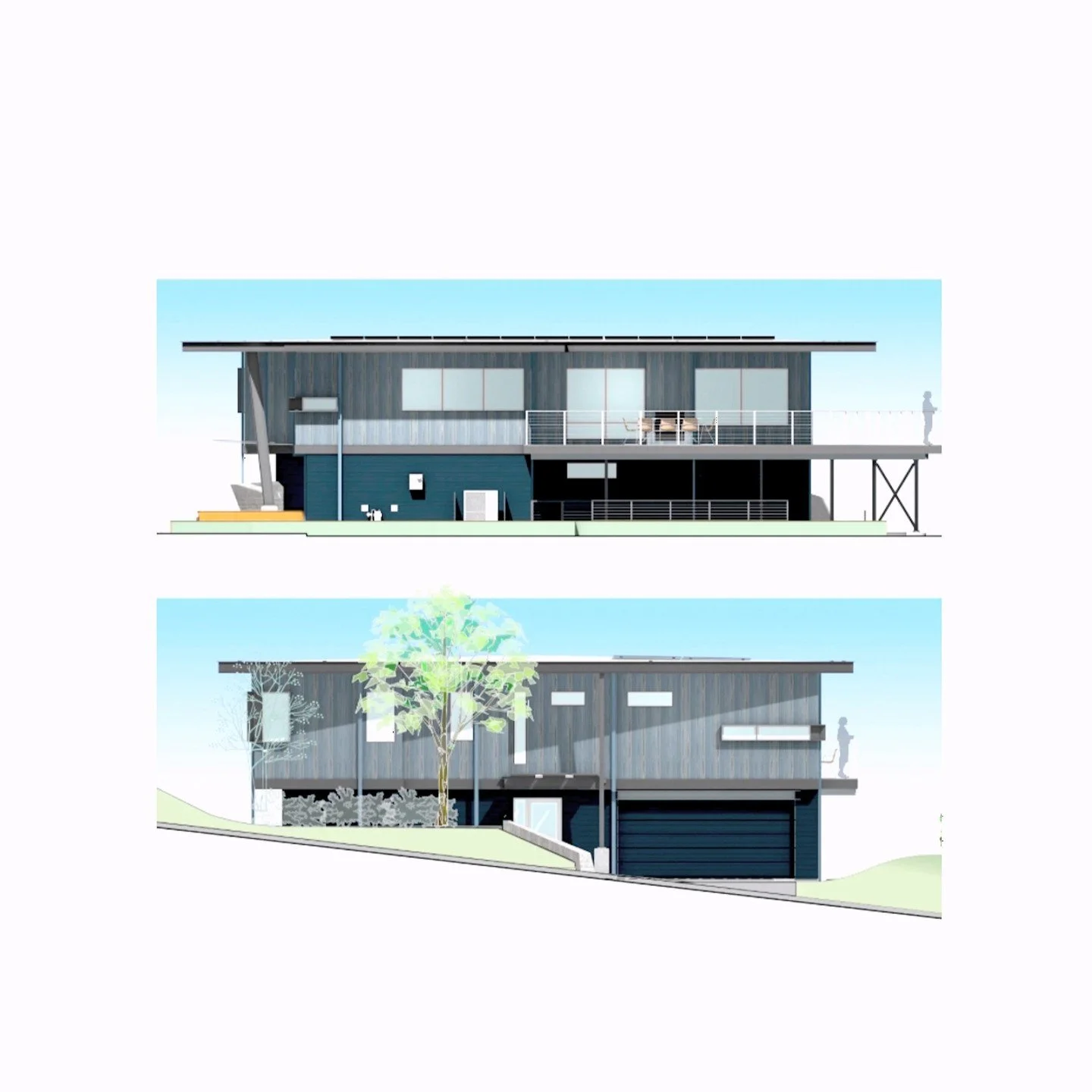 New home design of ours in Mill Valley that is set to break ground soon. Strict height requirements meant that we had to partially dig in a slope on the upper part of the site. Views of the City stretch to the South and a filtered view of Tiburon Bay