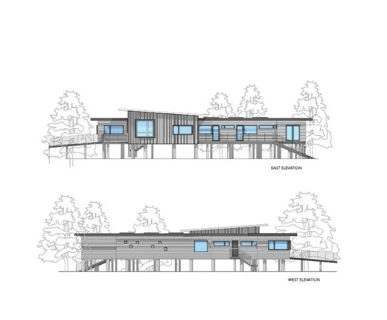 A new home project of ours in Marin. Due to the close proximity of a creek, the home has to be elevated above the floodplain. Eventually, landscaping will obscure the piers that raise home off the ground. The goal was to develop a simple floor plan t