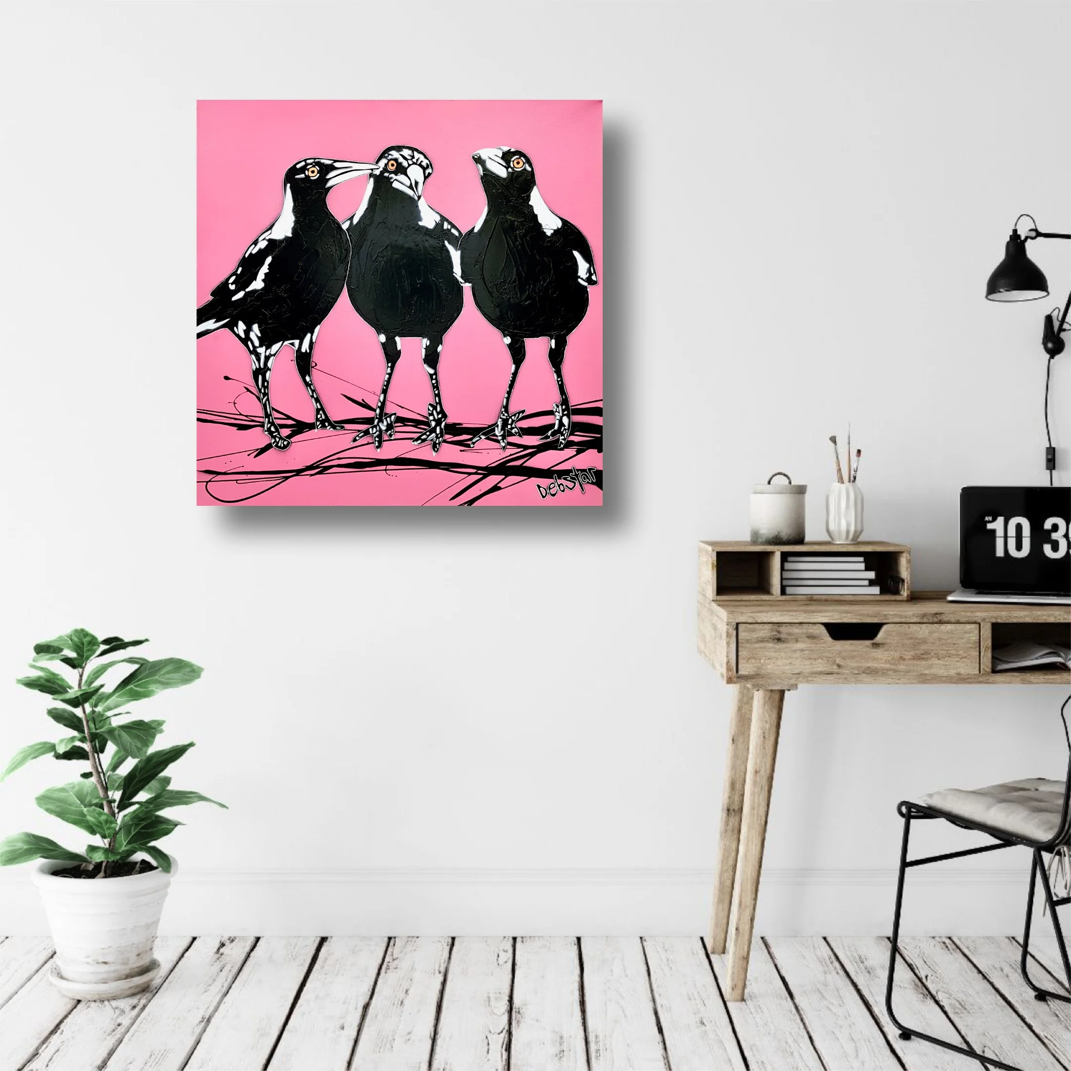 Magpies Huddle Pink Pop 2 61cm x 61cm $750