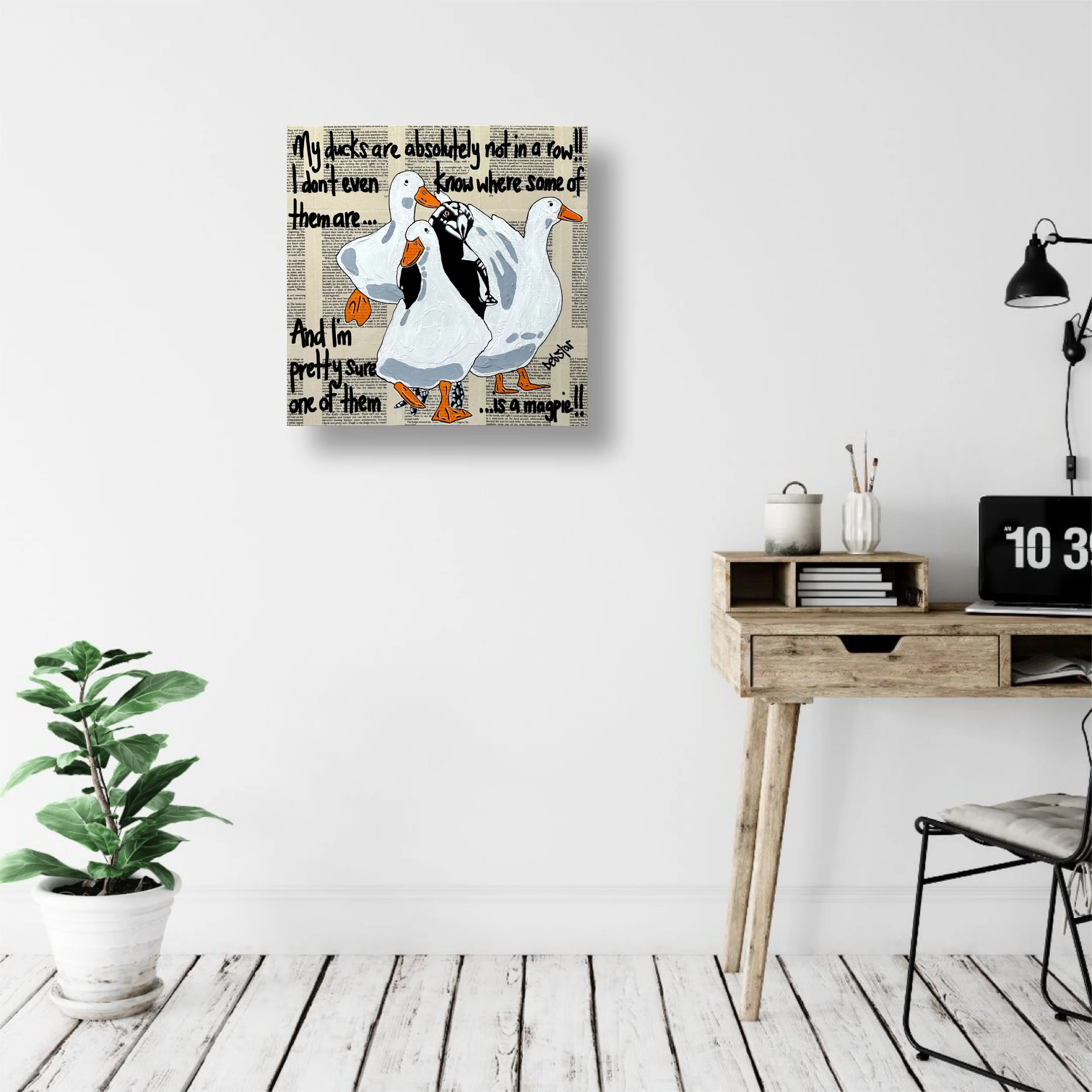 Ducks in a Row Magpie Bookpages 40cm w x 40cm $590