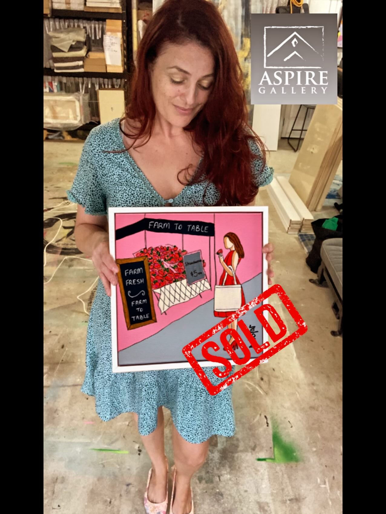 🍓👠I just sold my &lsquo;lady in red&rsquo;🎶at the farmers market! I painted this one as I have fond memories of farmers markets and of picking strawberries in NZ!🥰Thanks so very much to my amazing gallery @aspiregallery 😘Swipe right to see the r