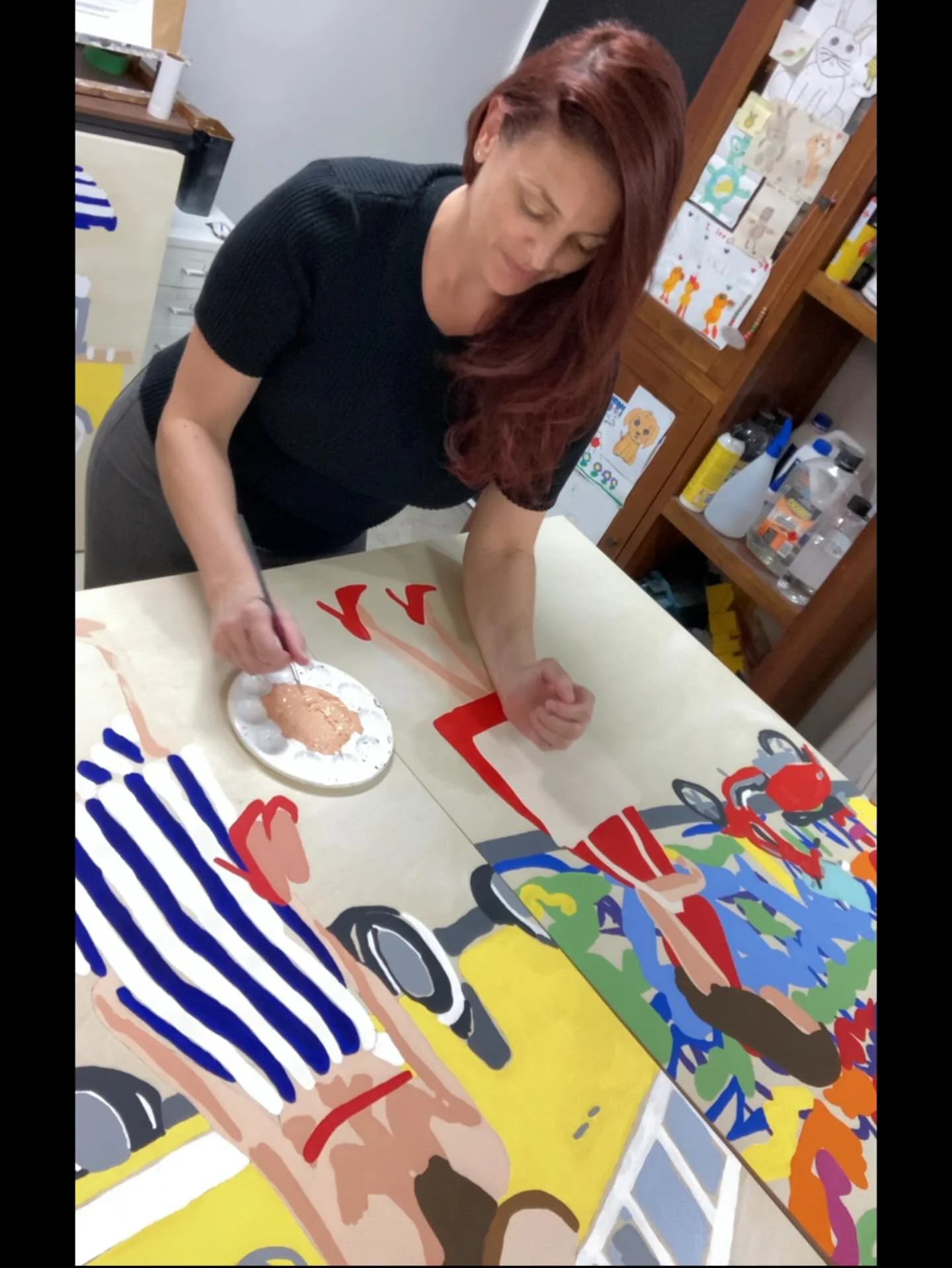 👠Sneak peek!💫Just evolving my &ldquo;Lady in Red&rdquo; with a touch of nostalgia!  But a more loosened style on large wood panels! I&rsquo;m really happy with how they&rsquo;re looking!😊👠
.
#ladyinred #kombivan #nostalgia #paintmehappy #everyday