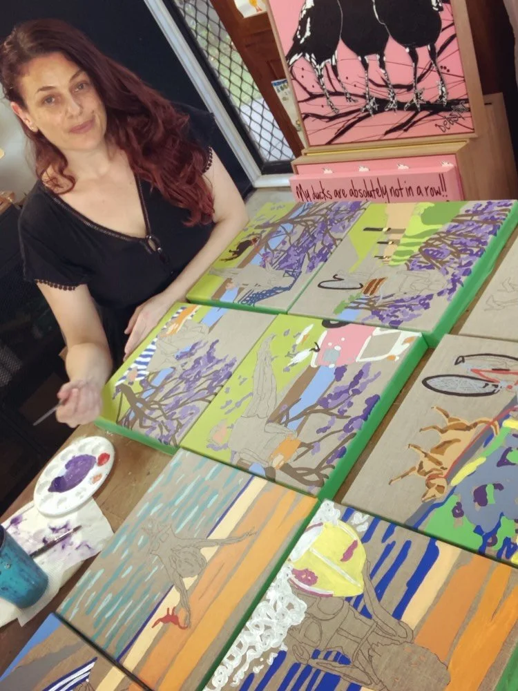 👠I&rsquo;ve been busy in the studio with my Lady in Red! Now on linen! With Brisbane vibes! Perfect for the Affordable Art Fair Brisbane! I&rsquo;m so excited to be showing with @aspiregallery 🌸✨👠🦆🐑
.
#ladyinred #brisbaneart #affordableartfair #