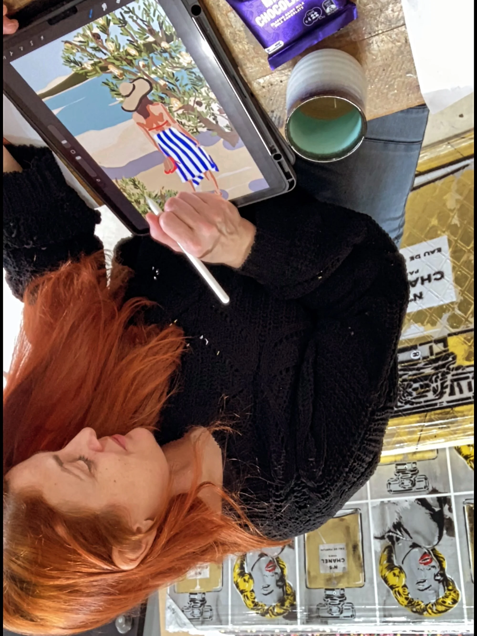 💫Running on coffee, chocolate &amp; puppy cuddles! ☕️🍫🐶My paintings always start here, playing around with ideas on my iPad. Working on a new design for a huge Lady in Red, 120 x 180cm wood panel! ❤️👠
.
#beachvibes #studioviews #artprocess #ladyi