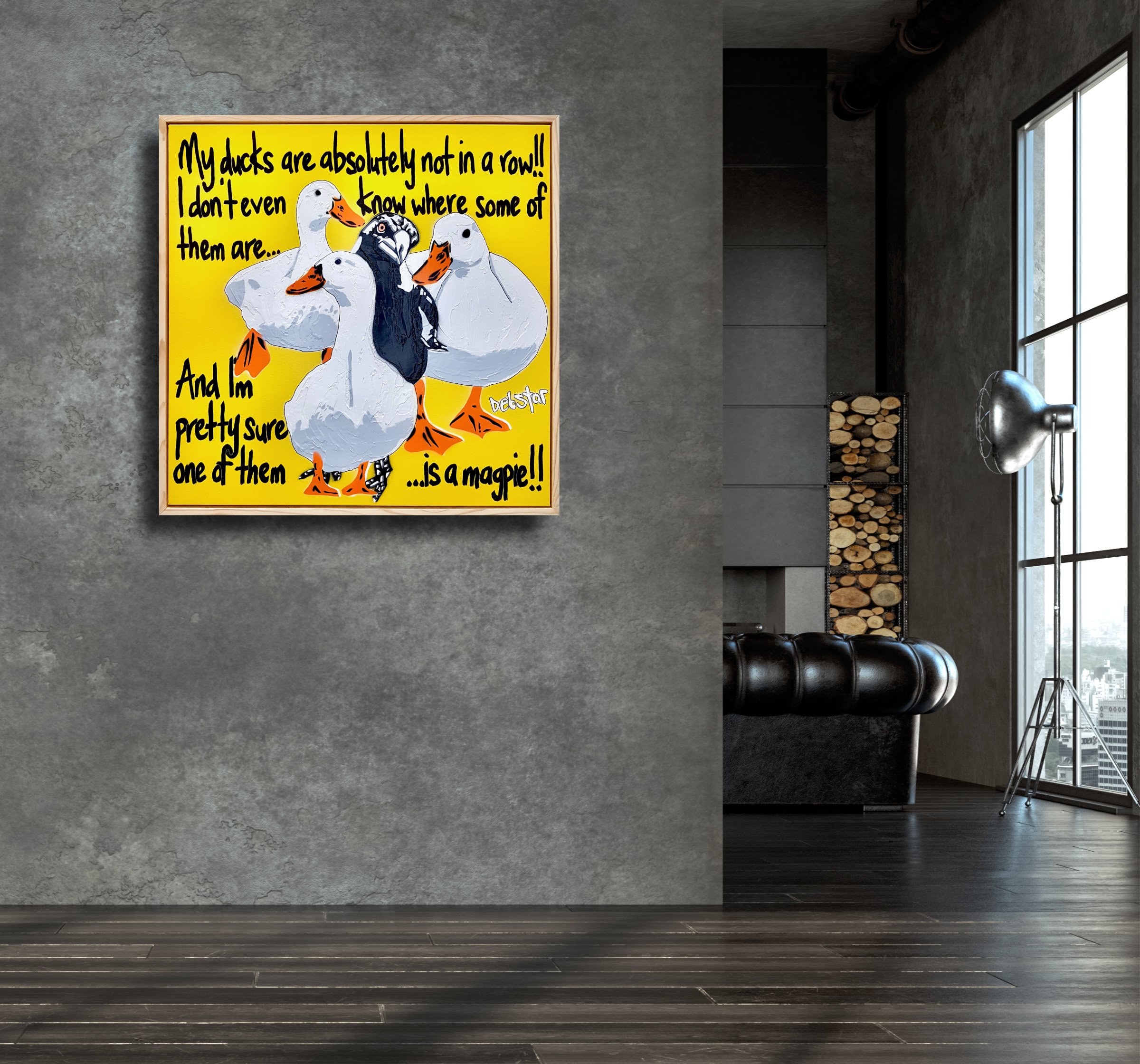 Ducks in a Row! - Yellow #1 Framed 64cm x 64cm $850