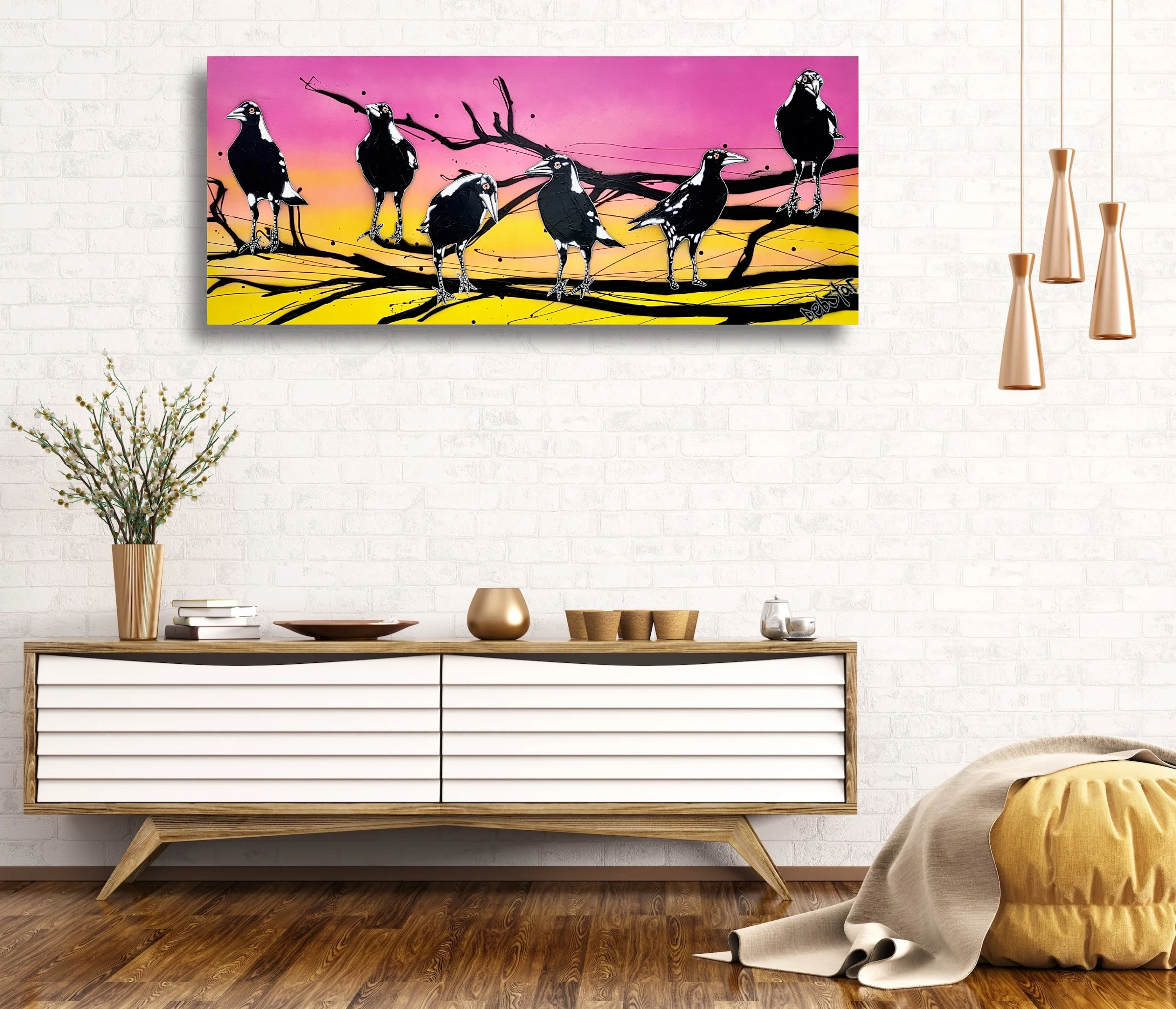 Mischief of Magpies! Sunrise 122cm x 51cm $990