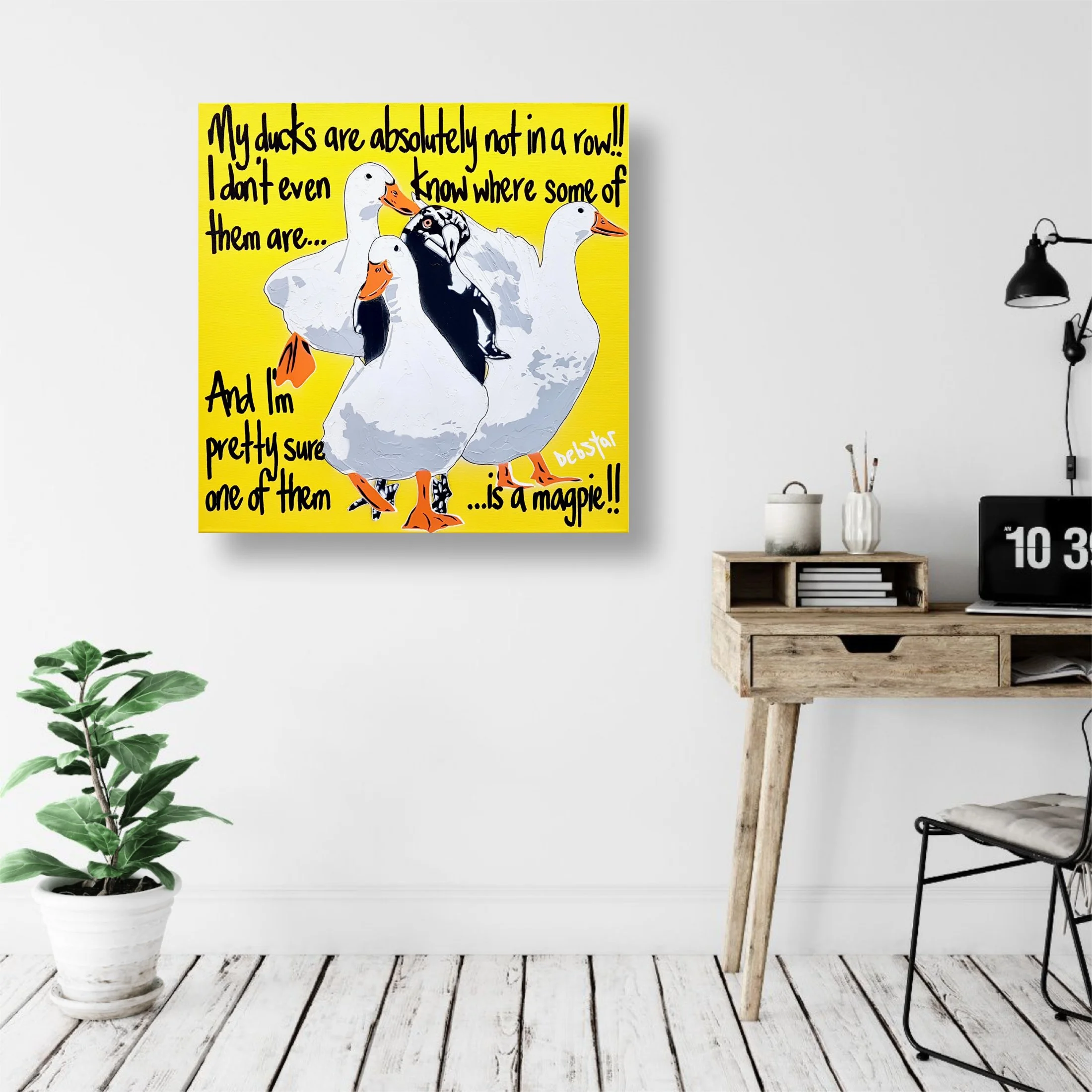 Ducks in a Row! - Yellow 61cm x 61cm $950