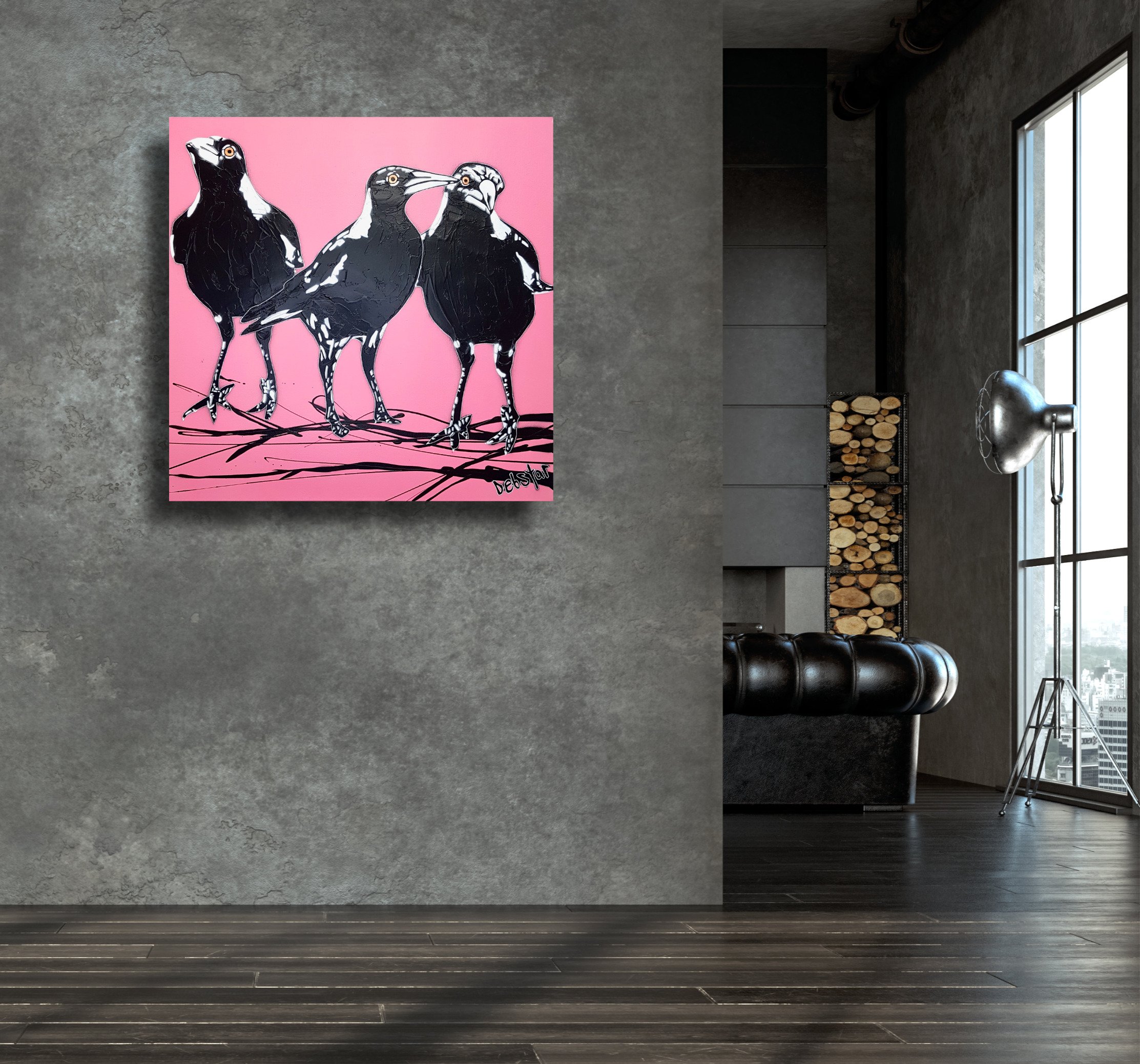 magpies-3's-trouble-pink-pop-popart-deborah-lang-art-urban-canvas-2.jpg