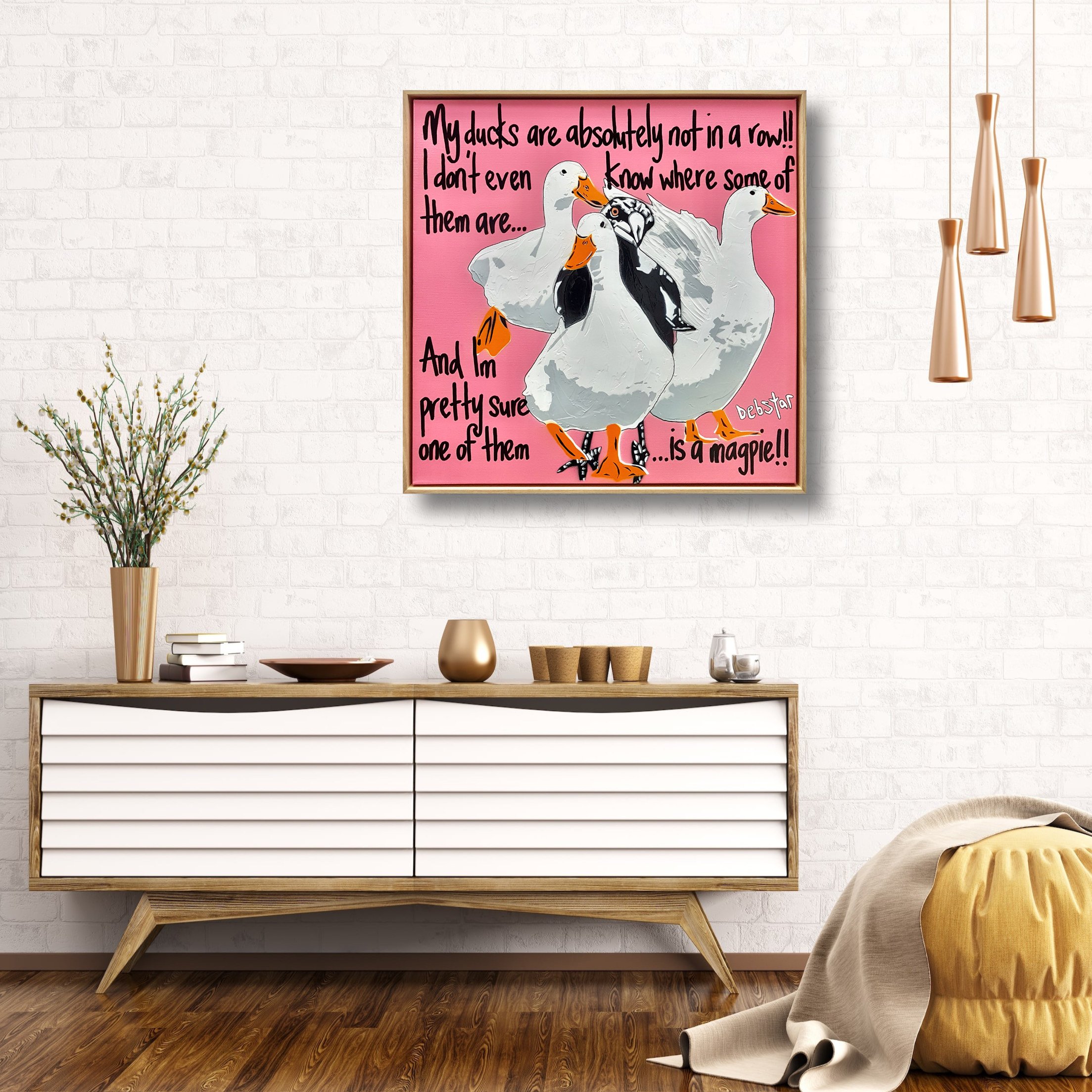 Ducks in a Row! - Pink #2 Framed 64cm x 64cm $850
