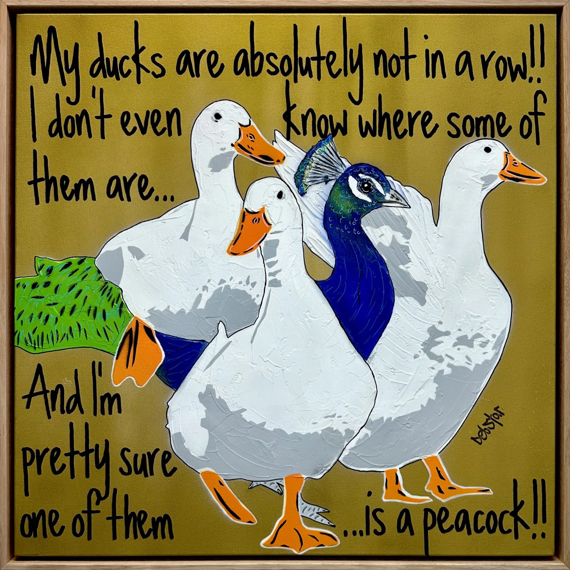 Ducks in a Row Gold Peacock 64cm x 64cm Oak Framed