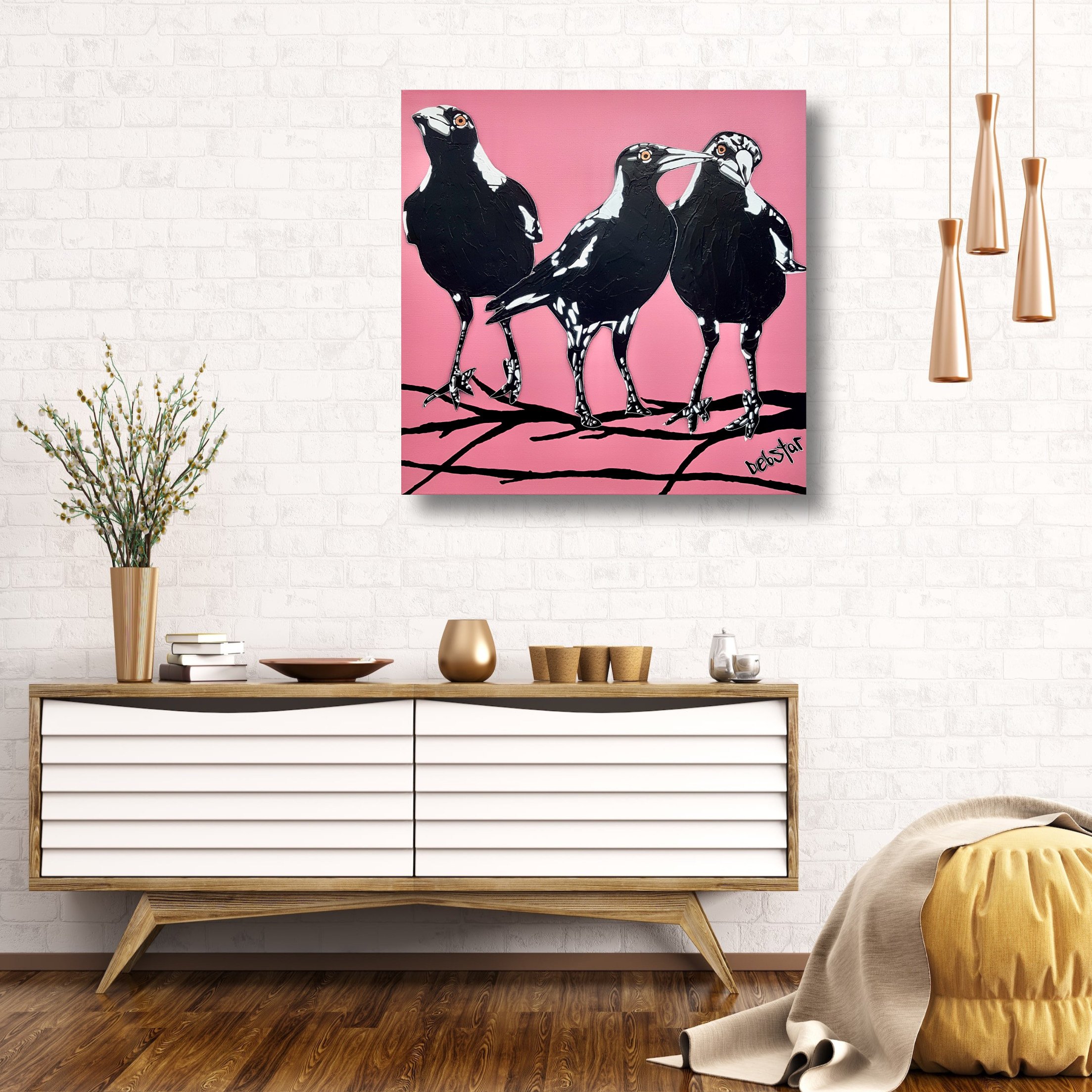 Magpies 3's Trouble Pink Pop 2 61cm x 61cm $590