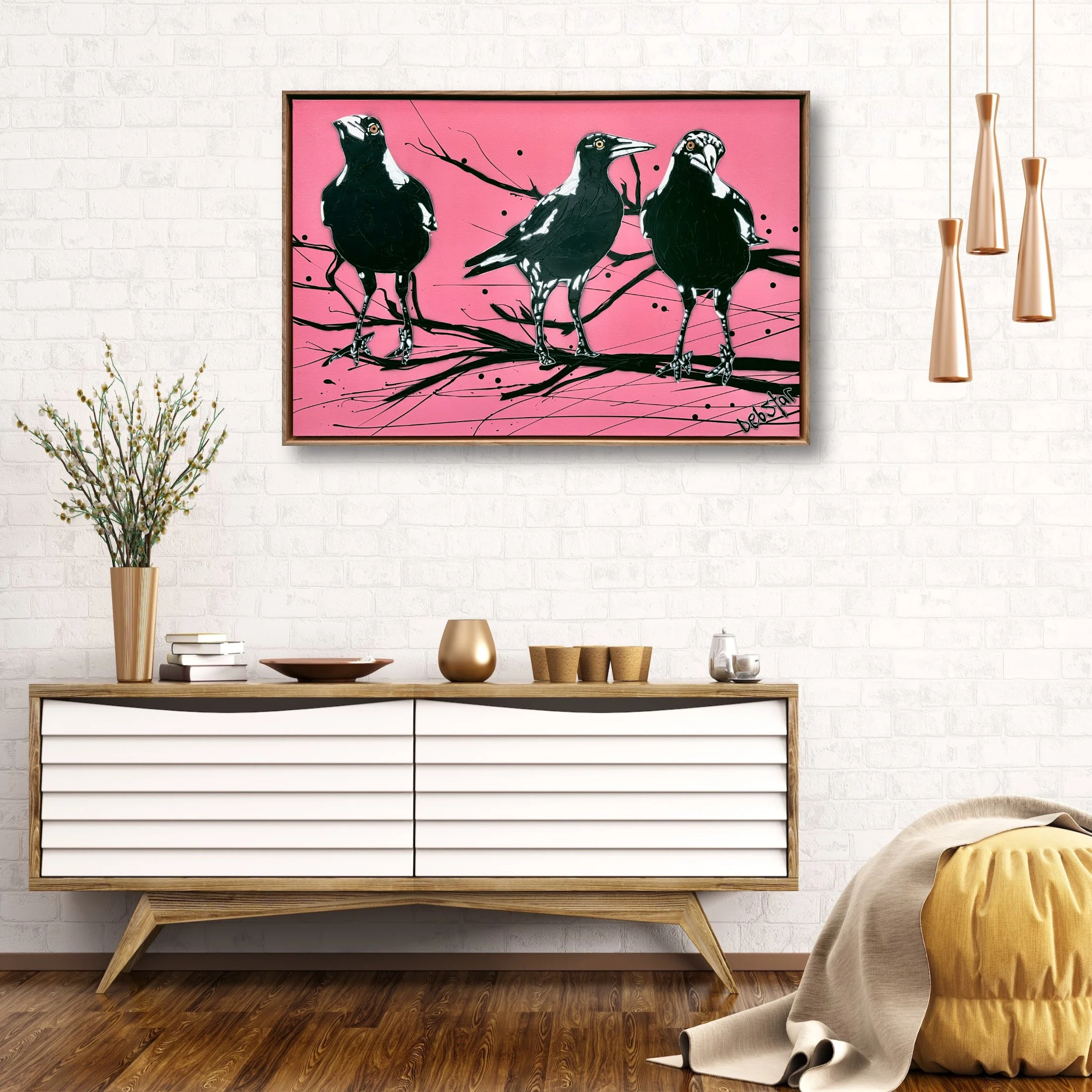 Magpie Street Birds! Pink, Framed 95cm x 63.5cm