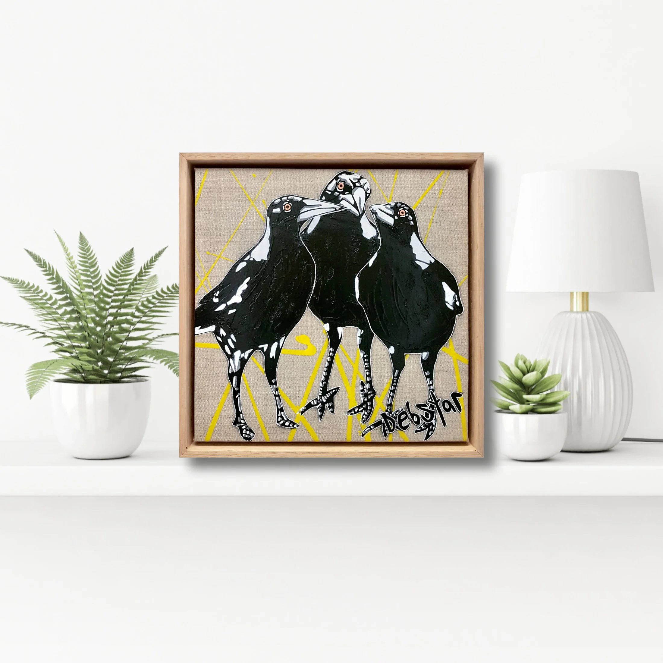 Cheeky Magpie Huddle 33.5cm x 33.5cm $490