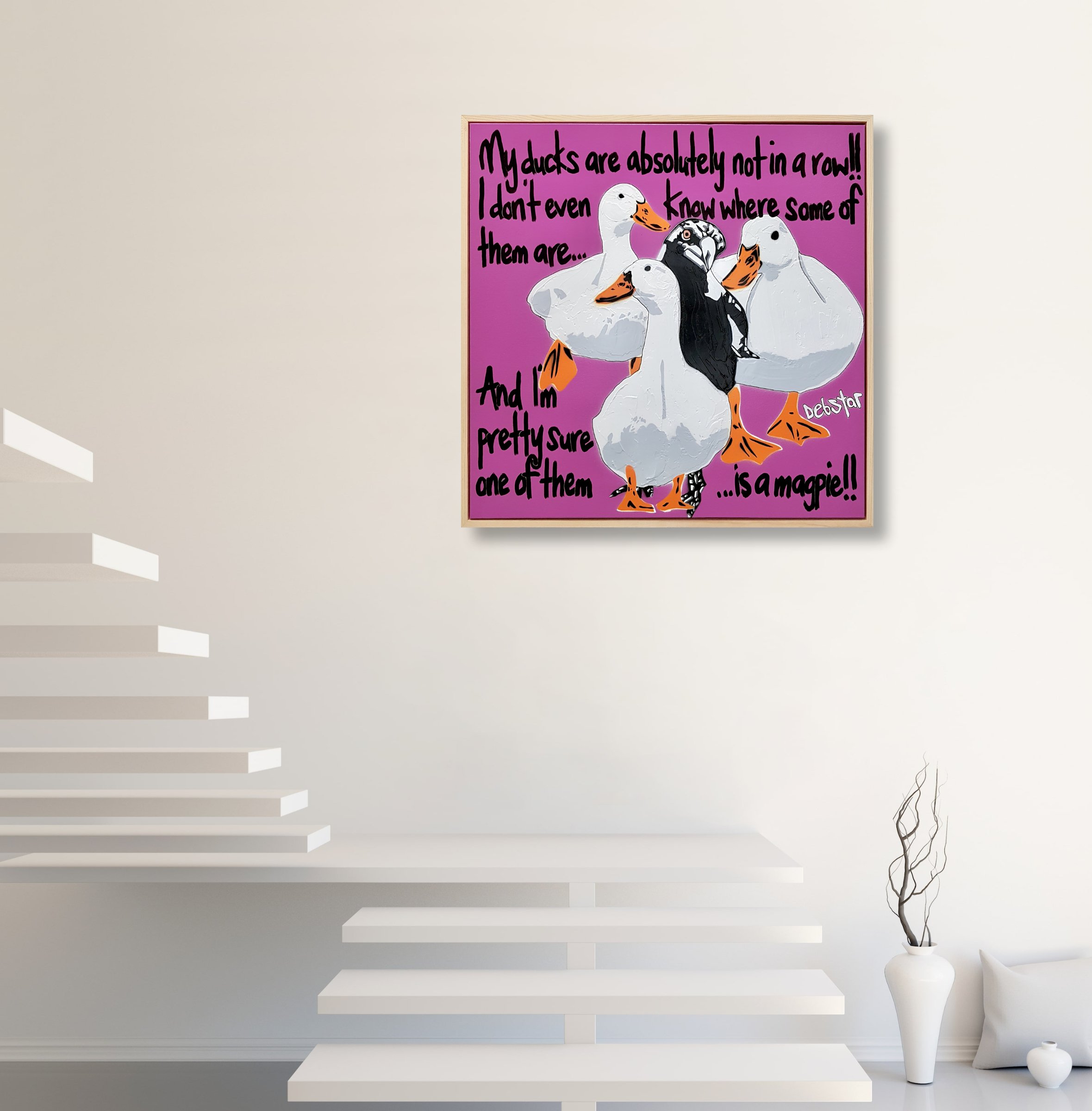 Ducks in a Row! - Magenta Framed 64cm x 64cm $850
