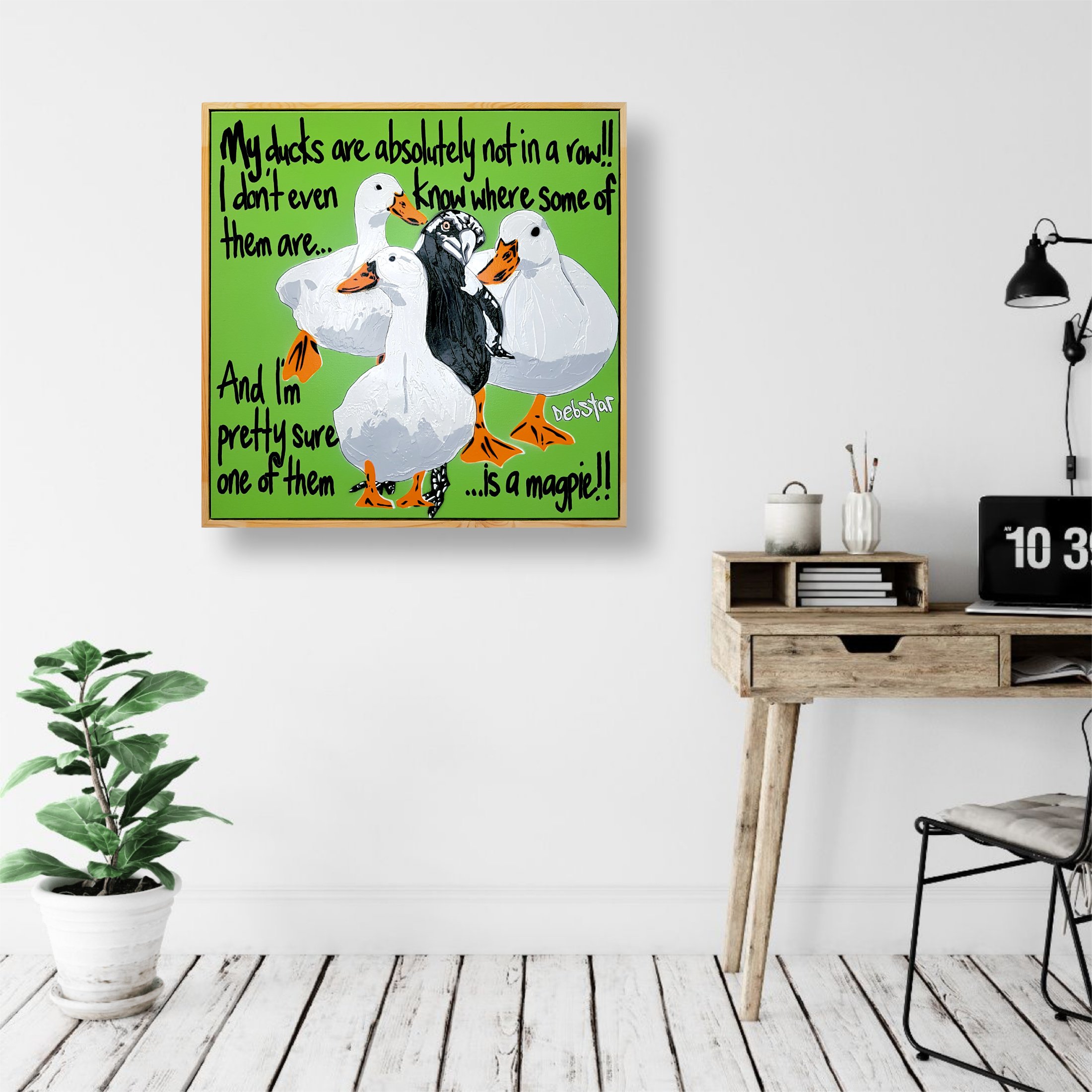 Ducks in a Row! - Green Framed 64cm x 64cm $850
