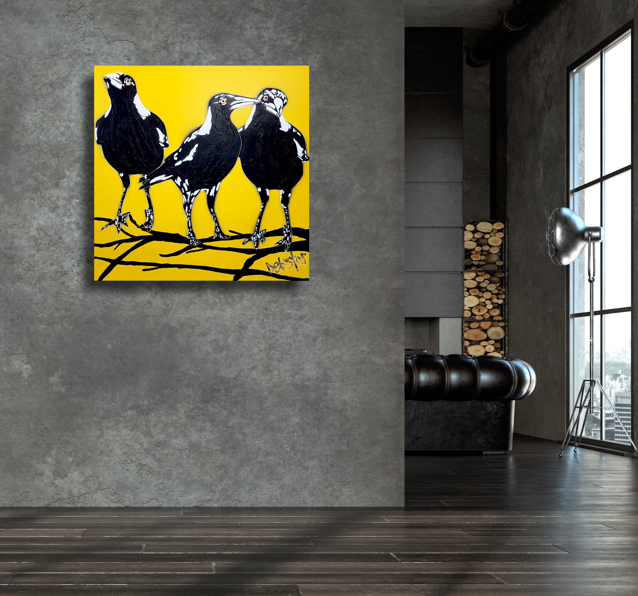Magpies 3's Trouble Yellow Pop 61cm x 61cm $590