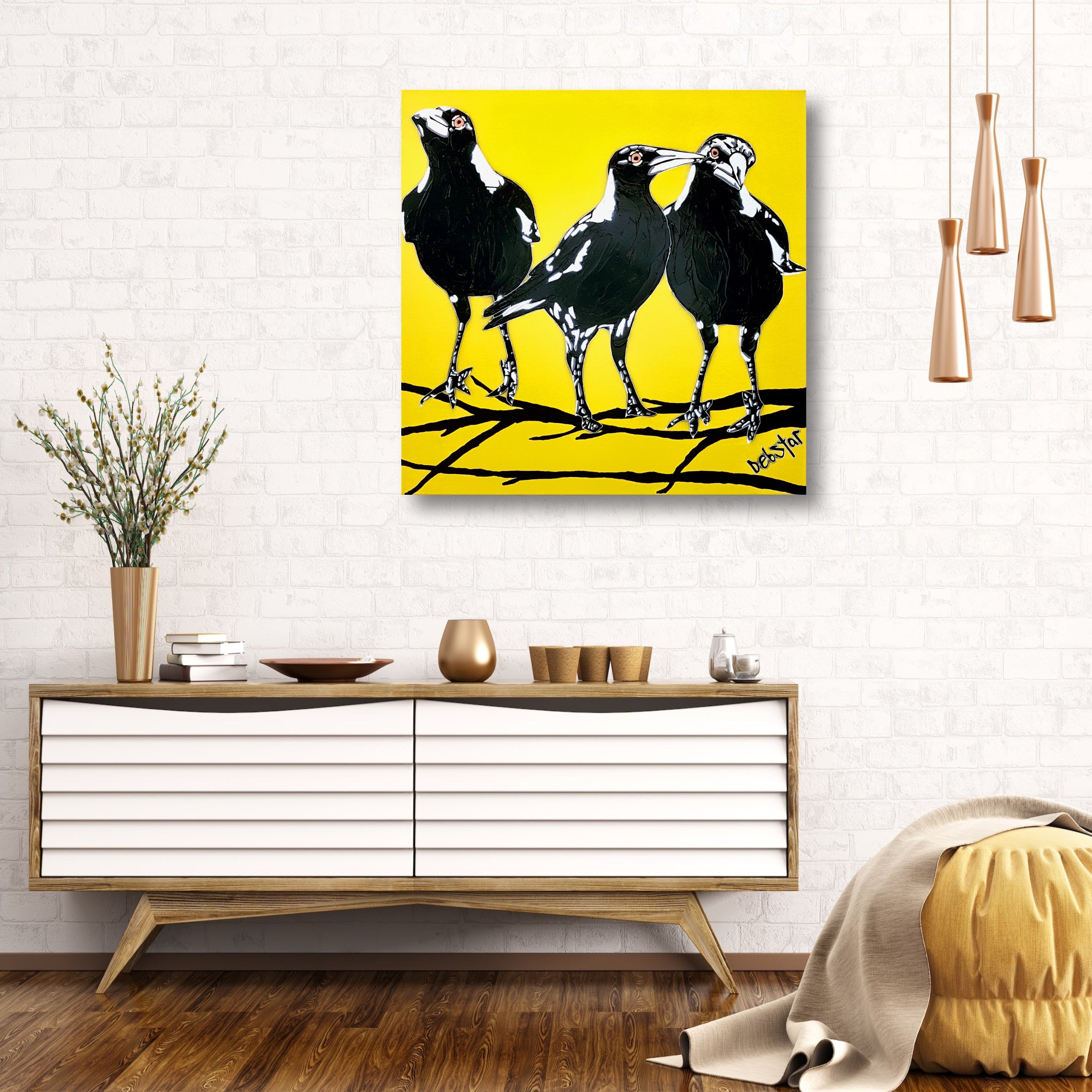 Magpies 3's Trouble Yellow Pop 2 61cm x 61cm $590