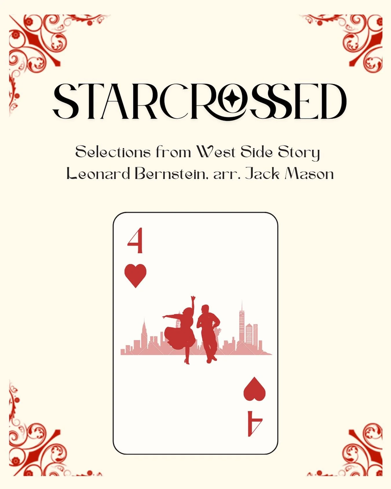 FINAL PIECE REVEAL 🗽
Leonard Bernstein arr. Jack Mason – Selections from West Side Story
Bernstein’s groundbreaking 1957 musical West Side Story reimagined Romeo and Juliet on the streets of New York. Blending jazz, Latin rhythms, and