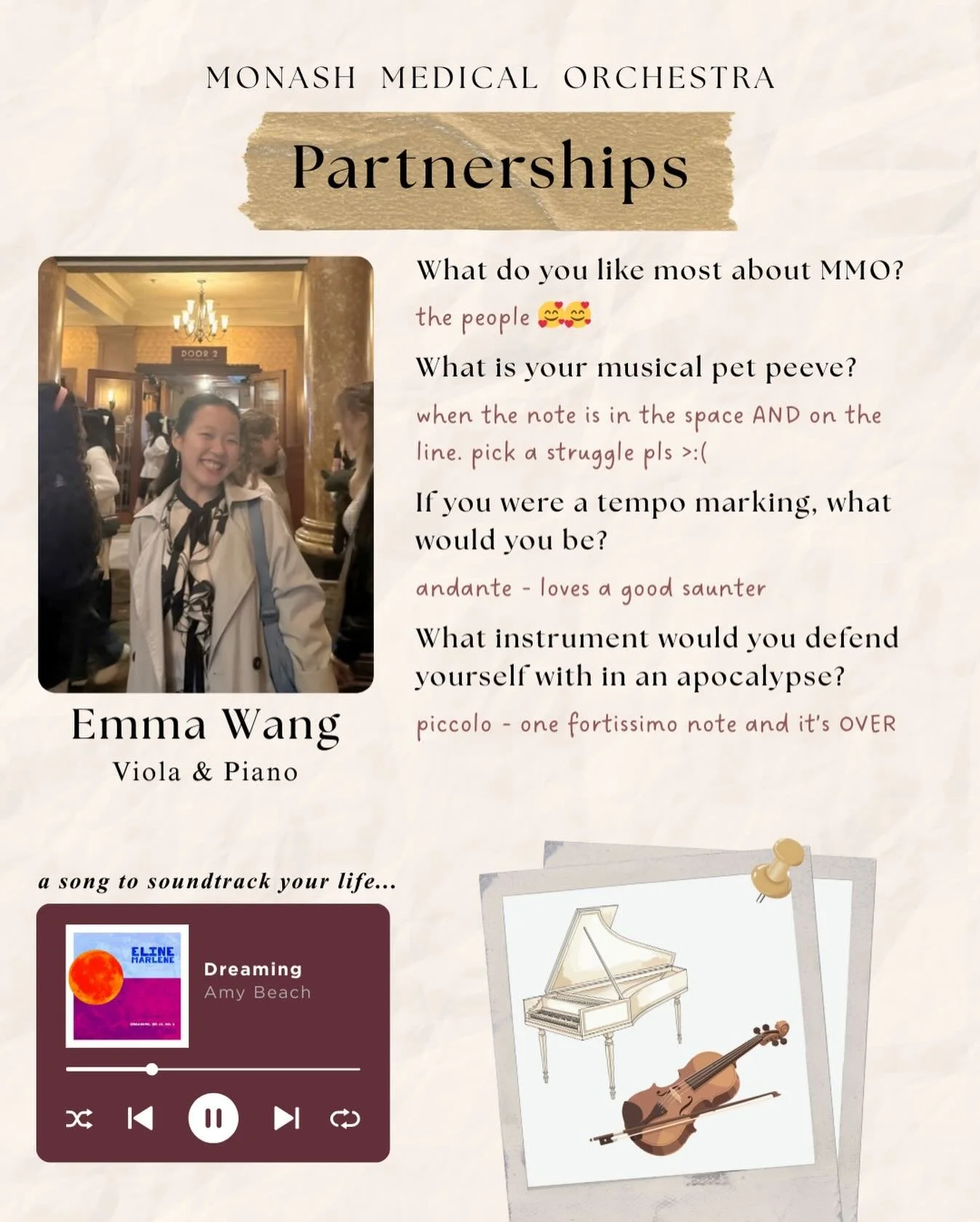 ✨🎻 Say hello to the 2026 MMO Committee 🎻✨
 Here&rsquo;s Emma, our partnerships officer for this year! She&rsquo;ll be building up connections and making sure everyone&rsquo;s in the loop 🤝 while secretly plotting viola world domination 🎻🫢💥