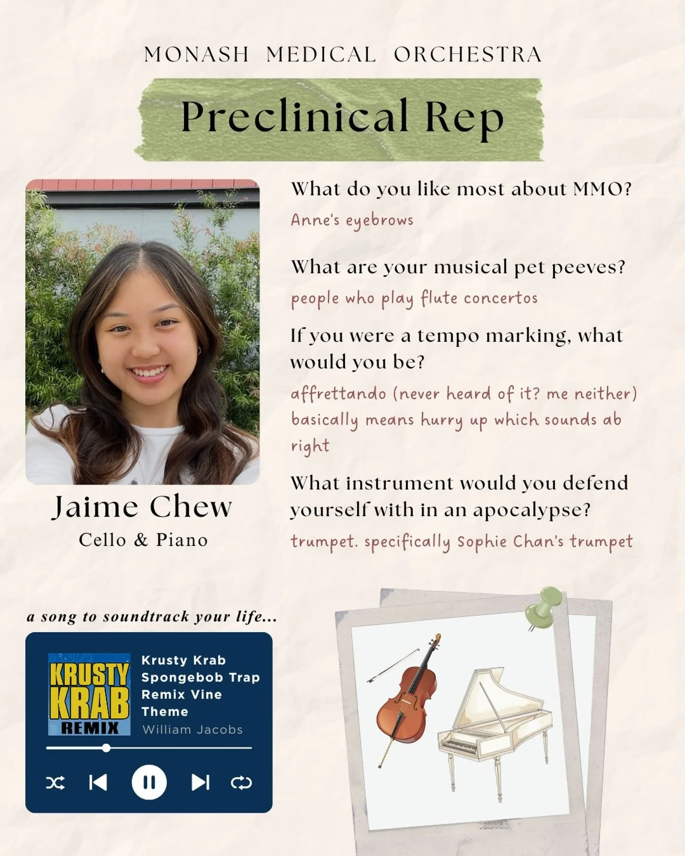 ✨🎻 Say hello to the 2026 MMO Committee 🎻✨

Last but certainly not least, meet Jaime, our 2026 preclin rep! 🎉 When she&rsquo;s not playing piano or cello, you&rsquo;ll find her gallivanting with the other pre-clins, making sure everyone feels welco