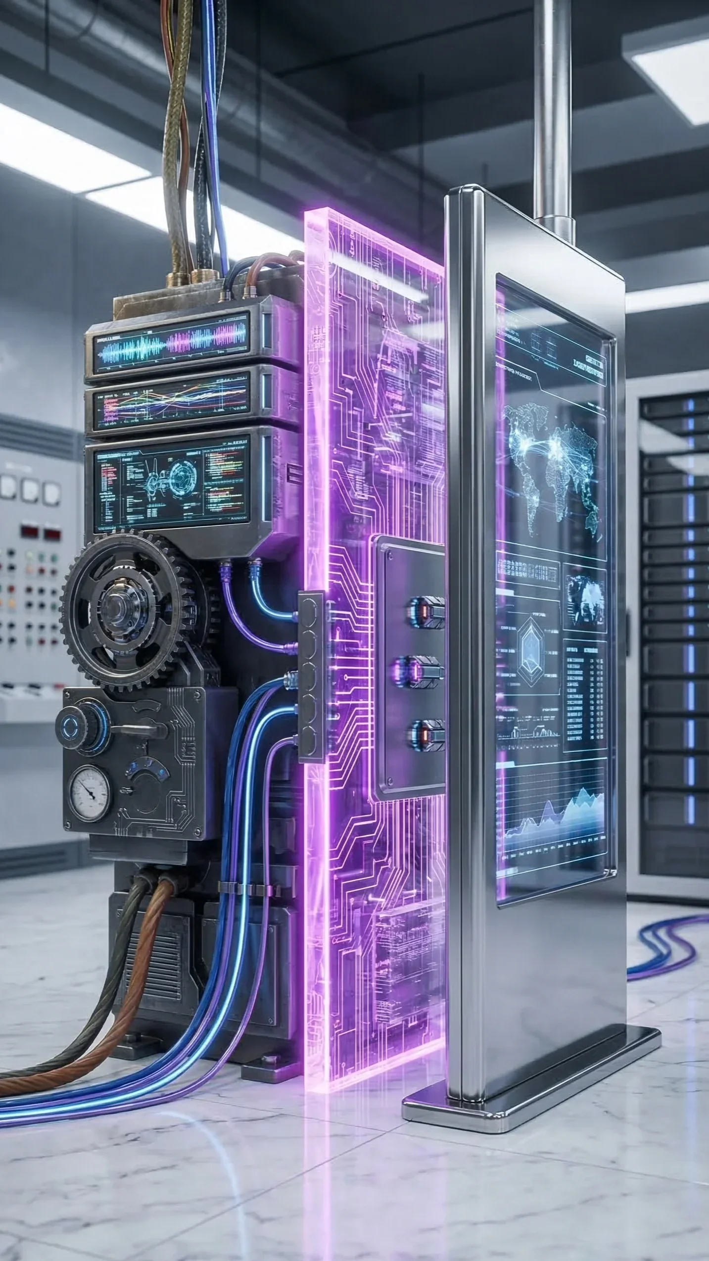 A futuristic server with holographic screens and digital displays, connected by colorful cables in a high-tech environment.