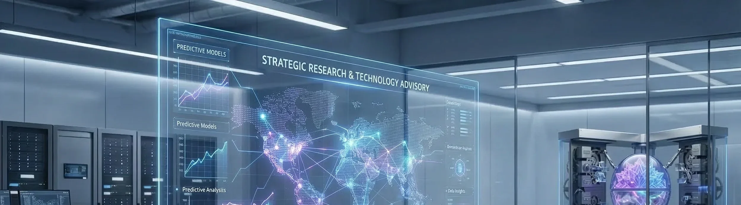 Futuristic research lab with holographic world map and analytics data projections.