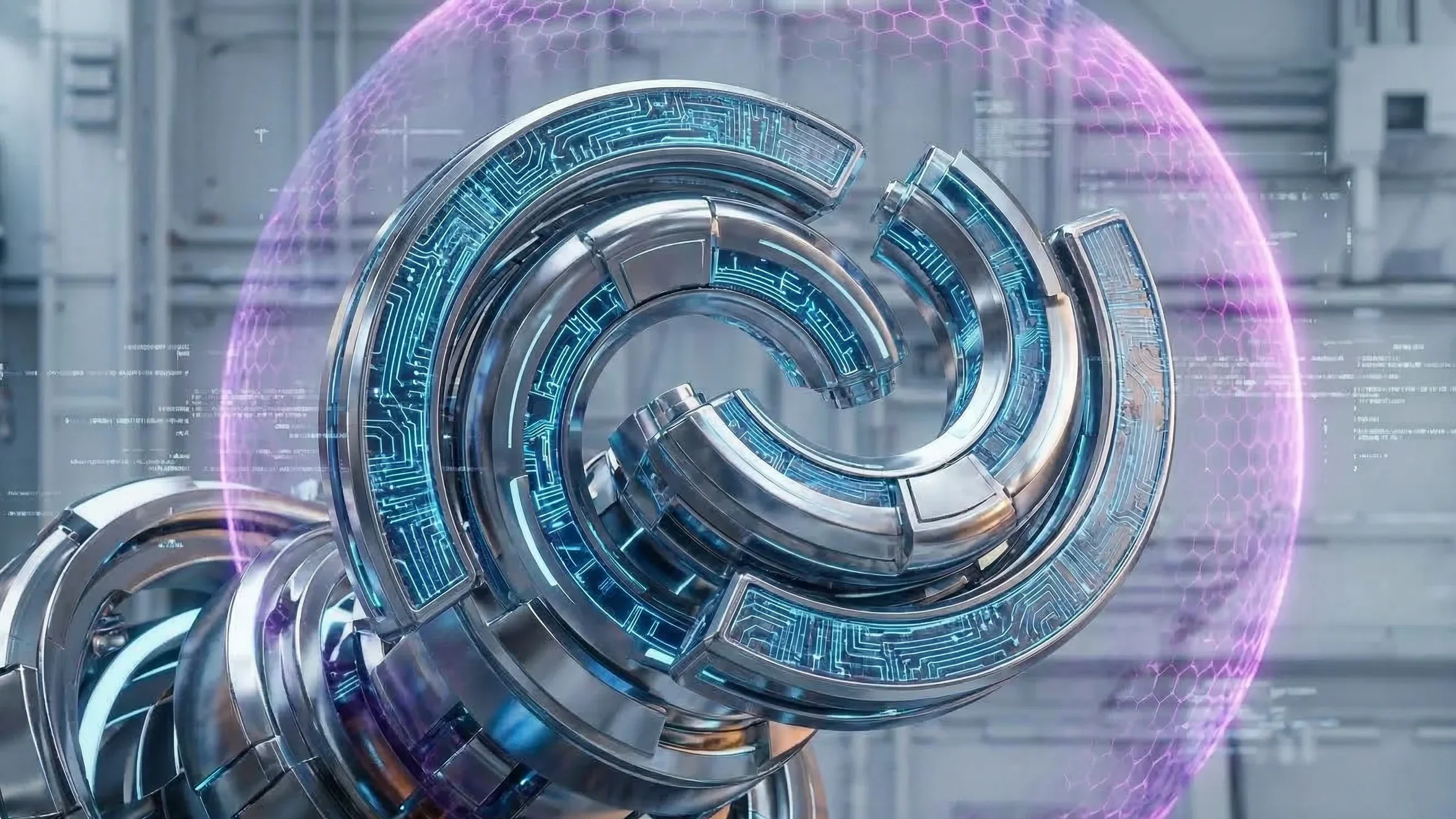 A futuristic, metallic, spiral-shaped digital interface with blue circuitry patterns, surrounded by a purple glowing hexagon-shaped hologram in a high-tech environment.