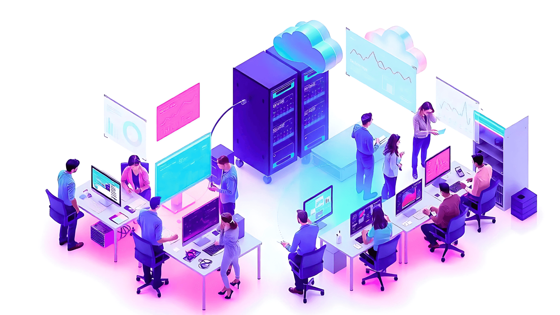 Isometric view of professionals working together with digital platforms and infrastructure, representing the design and delivery of reliable, enterprise-grade technology solutions