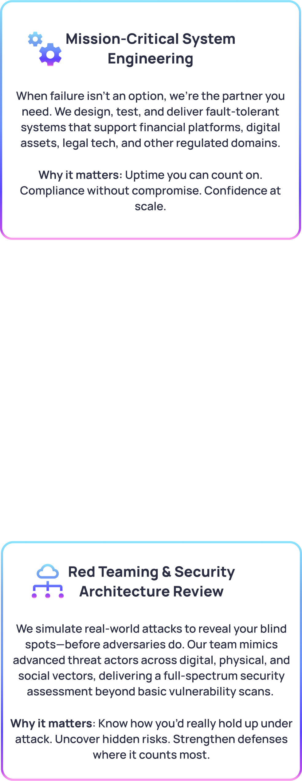 Two sections of promotional text about Mission-Critical System Engineering and Red Teaming & Security Architecture Review, with icon illustrations of gears and a network cloud.