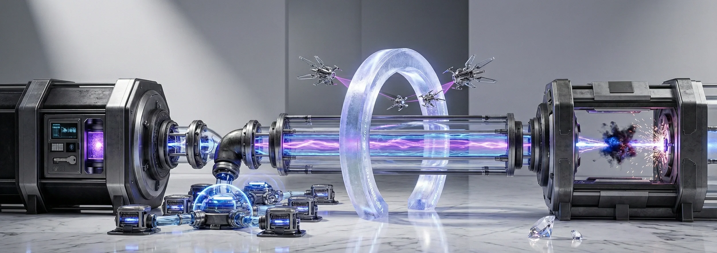 A sci-fi illustration of a teleportation device with glowing purple and blue energy beams, surrounded by small floating robots, with a large circular portal in the center, and sparks flying from the right side.