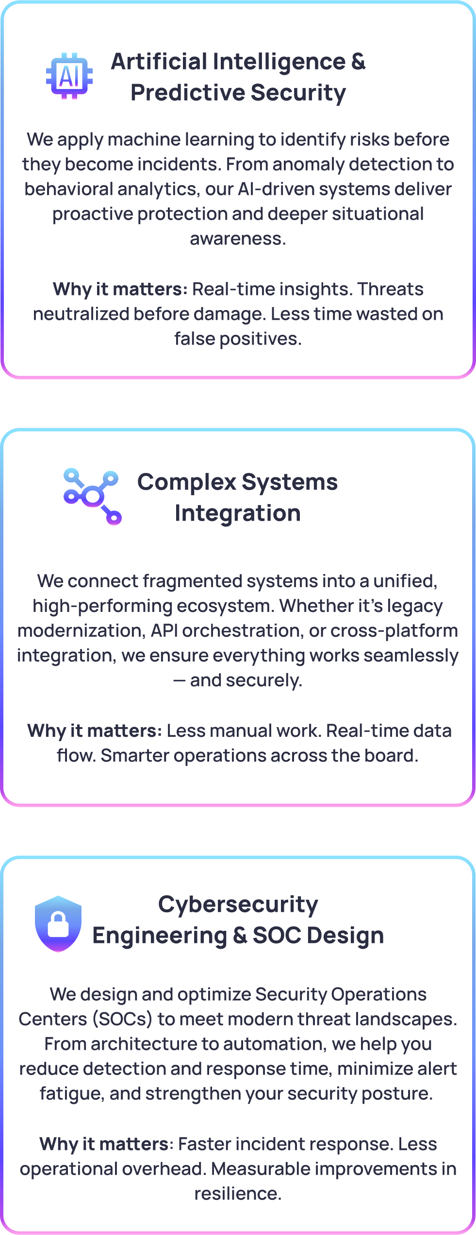Three sections outlining cybersecurity topics: Artificial Intelligence & Predictive Security, Complex Systems Integration, and Cybersecurity Engineering & SOC Design, with icons and descriptive text in a blue-bordered infographic style.