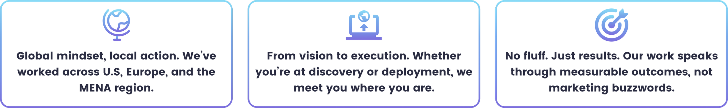 Global mindset, local action', 'From vision to execution', and 'No fluff. Just results.'—illustrating the core reasons clients trust us
