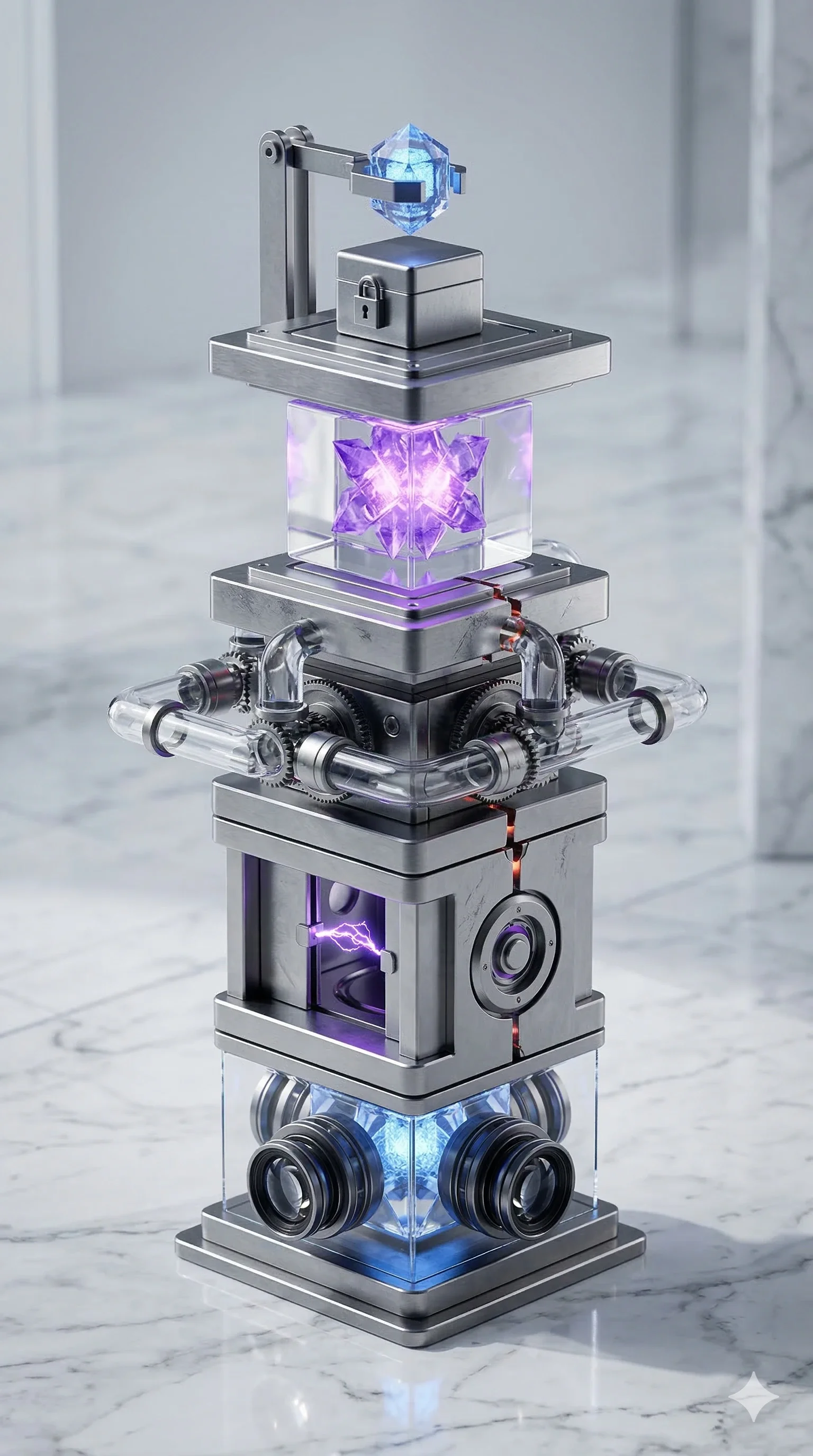 A futuristic piece of machinery with glowing purple and blue crystals, metallic and glass components, and intricate gears and tubes, resembling a science or technology device set on a marble surface.