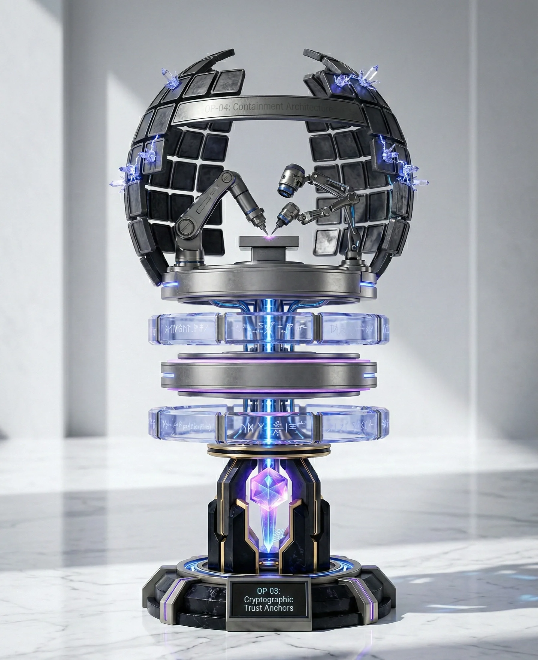 Futuristic scientific device with robotic arms inside a spherical structure, illuminated with blue and purple lights, labeled 'Cryptographic Trust Anchors'.