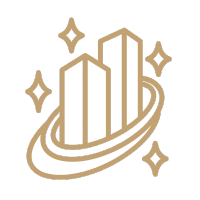 Stylized bar chart with upward trend, surrounded by sparkles, on a black background.