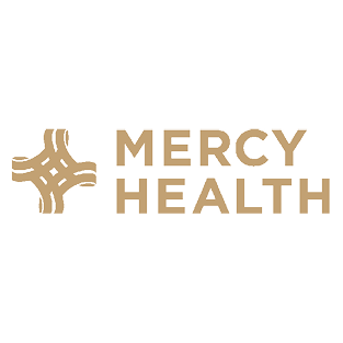 Mercy Health logo featuring a stylized cross with rounded edges and the words 'Mercy Health' in beige and black text.