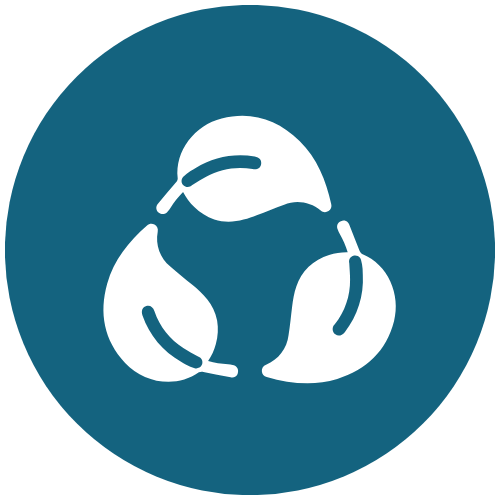 Recycling symbol with three stylized leaves forming a circle on a dark teal background.